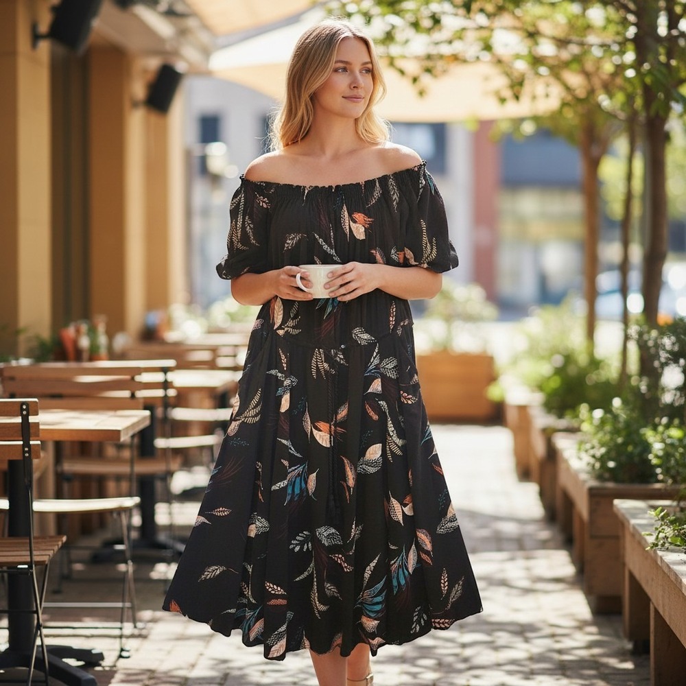 Torrid Black Tropical Leaf Print Off Shoulder Pocket Midi Dress Size 2X Boho